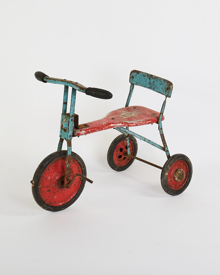 Vintage Metal Child's Tricycle Scooter with Red and Blue Patina