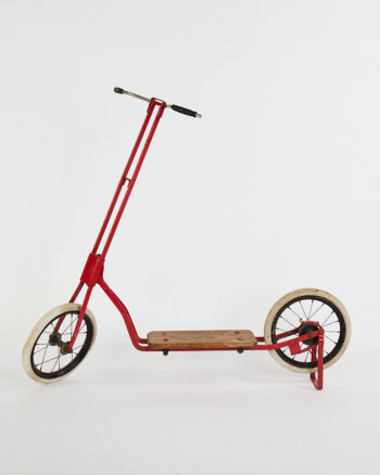 Vintage Red Metal Scooter with Wooden Deck and Cream Tyres