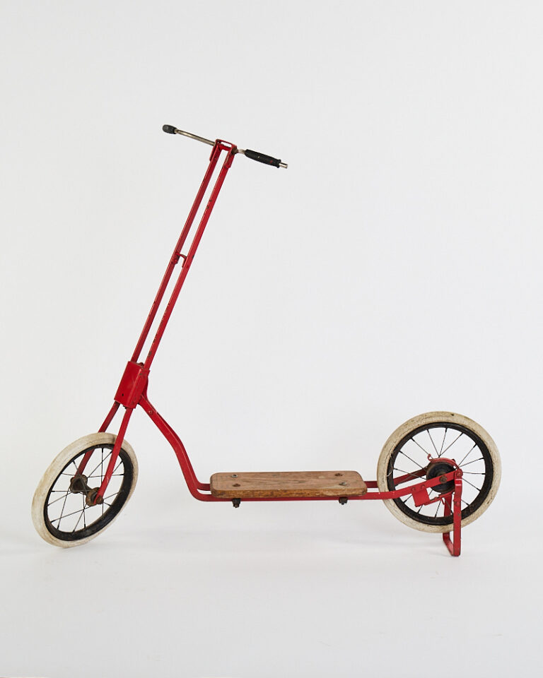 Vintage Red Metal Scooter with Wooden Deck and Cream Tyres