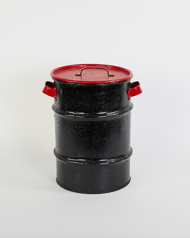 Vintage Industrial Black Metal Storage Bin with Red Lid