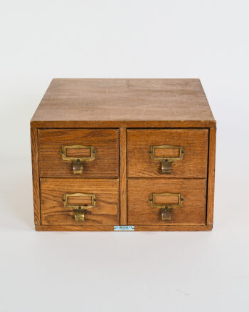 Vintage Libraco Oak Wood Four-Drawer Card Catalog Cabinet with Brass Pulls