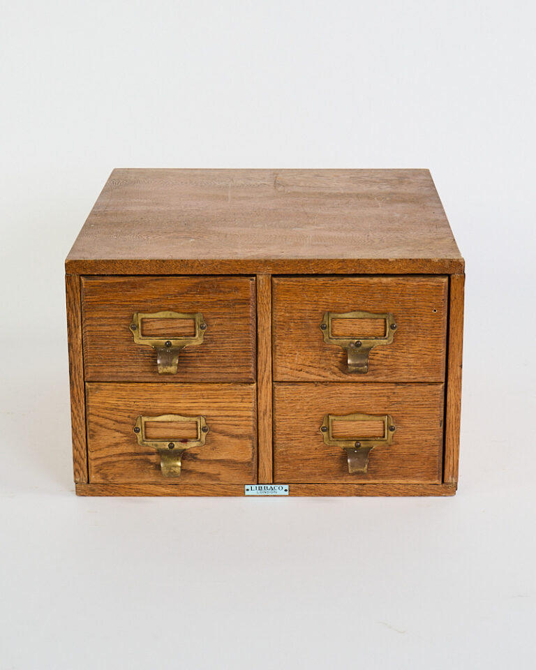 Vintage Libraco Oak Wood Four-Drawer Card Catalog Cabinet with Brass Pulls