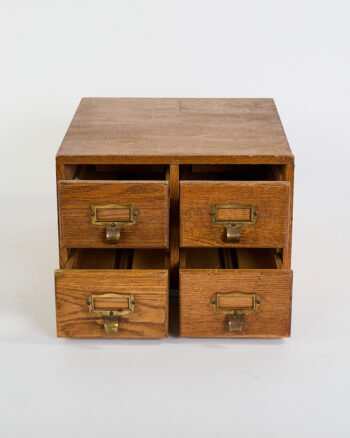 Vintage Libraco Oak Wood Four-Drawer Card Catalog Cabinet with Brass Pulls