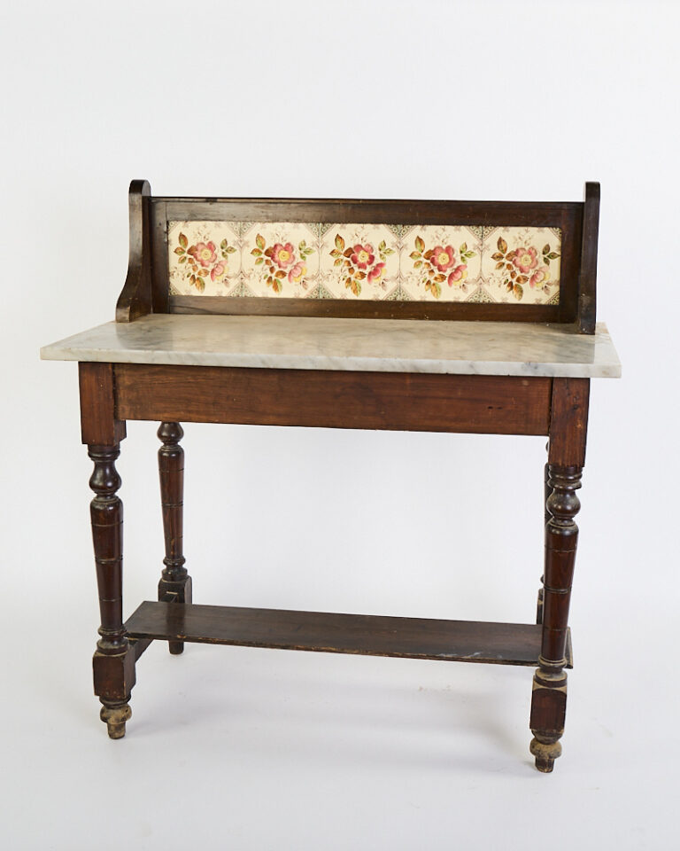 Victorian Wood Washstand with Marble Top and Floral Tiles