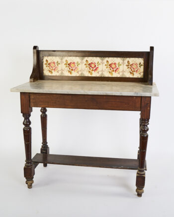 Victorian Wood Washstand with Marble Top and Floral Tiles