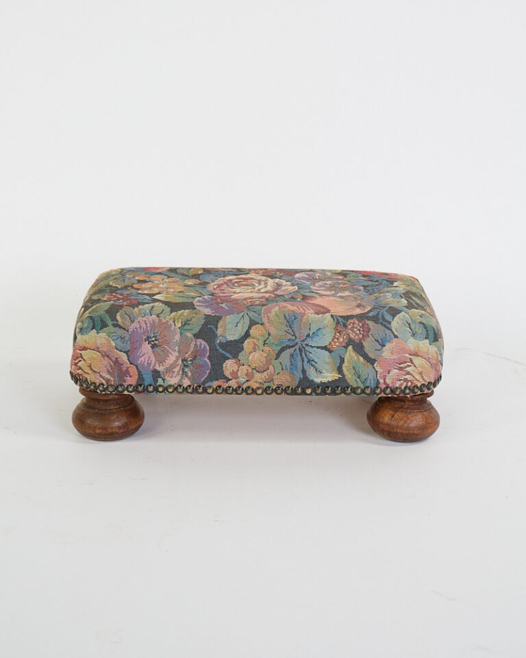 Vintage Floral Tapestry Footstool with Wooden Bun Feet