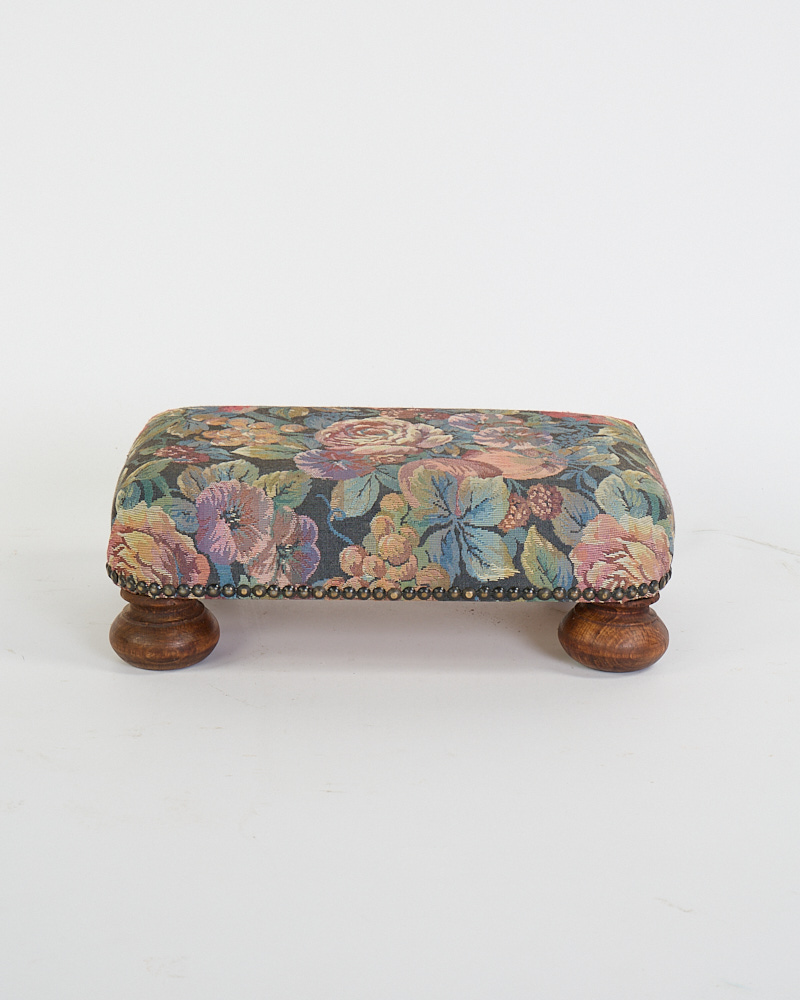 Vintage Floral Tapestry Footstool with Wooden Bun Feet
