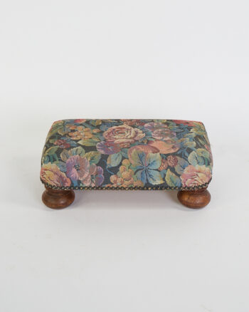Vintage Floral Tapestry Footstool with Wooden Bun Feet