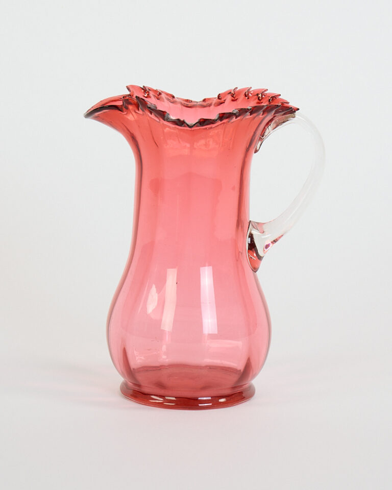 Victorian Cranberry Glass Pitcher with Ruffled Rim and Clear Handle