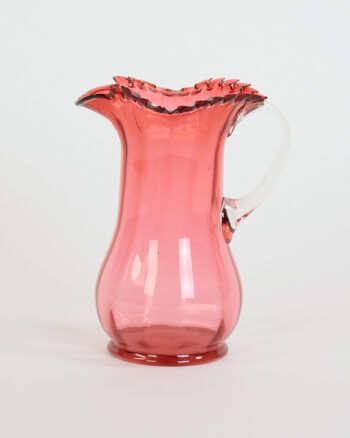 Victorian Cranberry Glass Pitcher with Ruffled Rim and Clear Handle