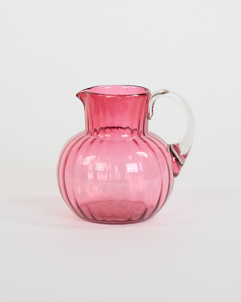Vintage Pink Ribbed Glass Jug with Clear Handle