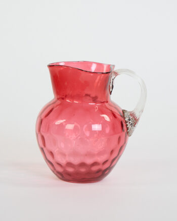 Vintage Cranberry Dimpled Glass Jug Pitcher with Clear Handle