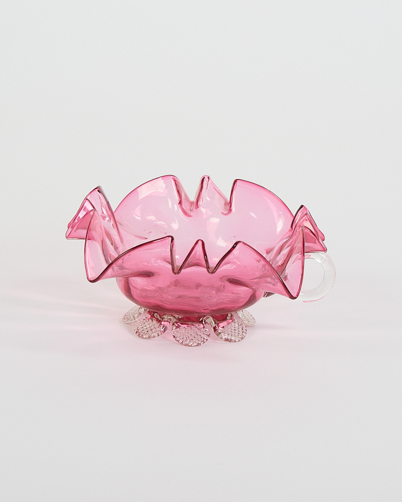 Vintage Pink Ruffled Glass Bowl with Textured Clear Base