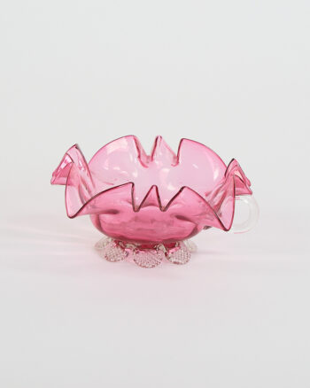 Vintage Pink Ruffled Glass Bowl with Textured Clear Base