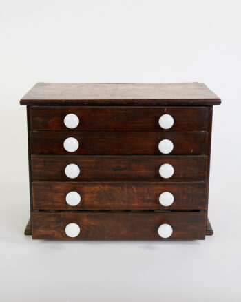 Vintage Wooden Watchmaker’s Cabinet (including many watch parts) with White Porcelain Knobs