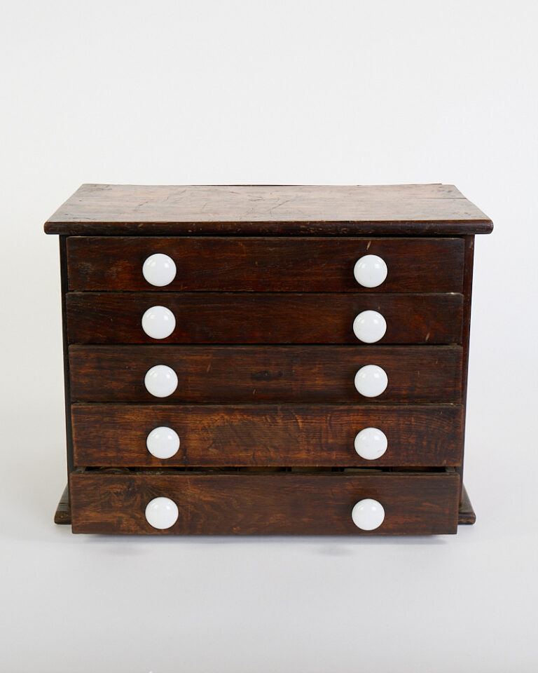 Vintage Wooden Watchmaker's Cabinet (including many watch parts) with White Porcelain Knobs