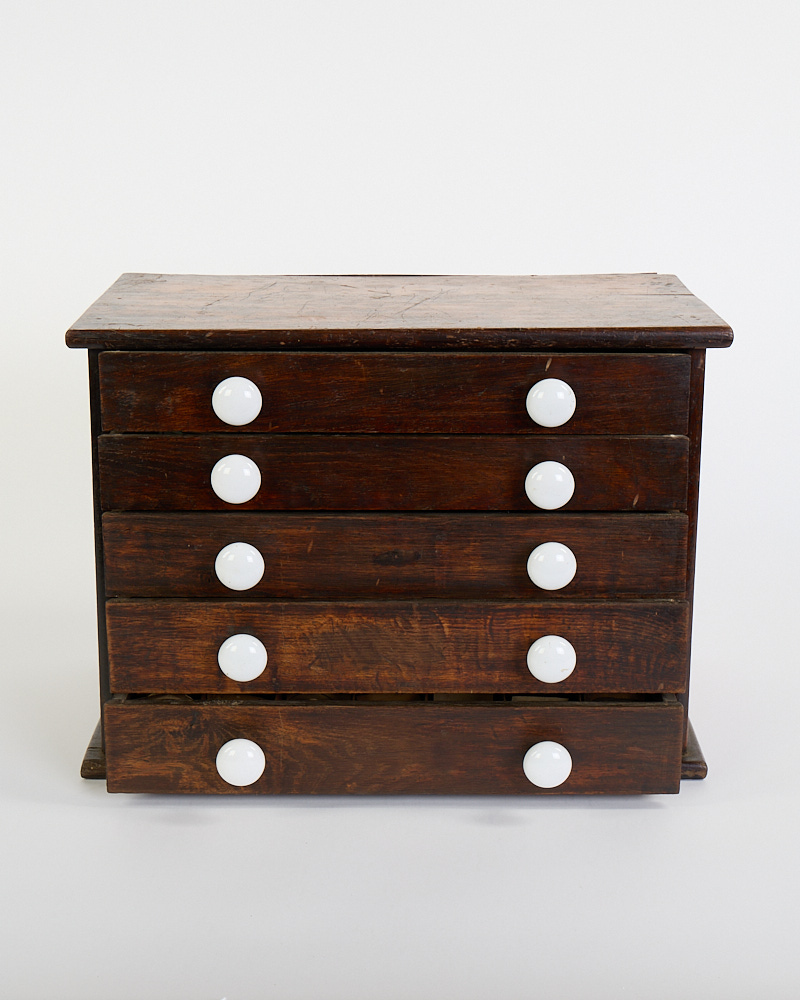 Vintage Wooden Watchmaker’s Cabinet (including many watch parts) with White Porcelain Knobs