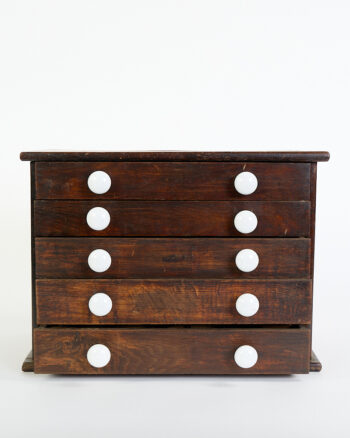 Vintage Wooden Watchmaker’s Cabinet (including many watch parts) with White Porcelain Knobs