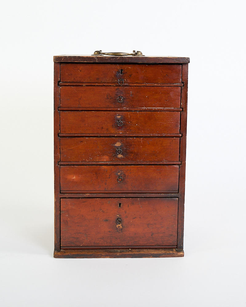 Antique Wooden Five-Drawer Storage Cabinet with Brass Handles