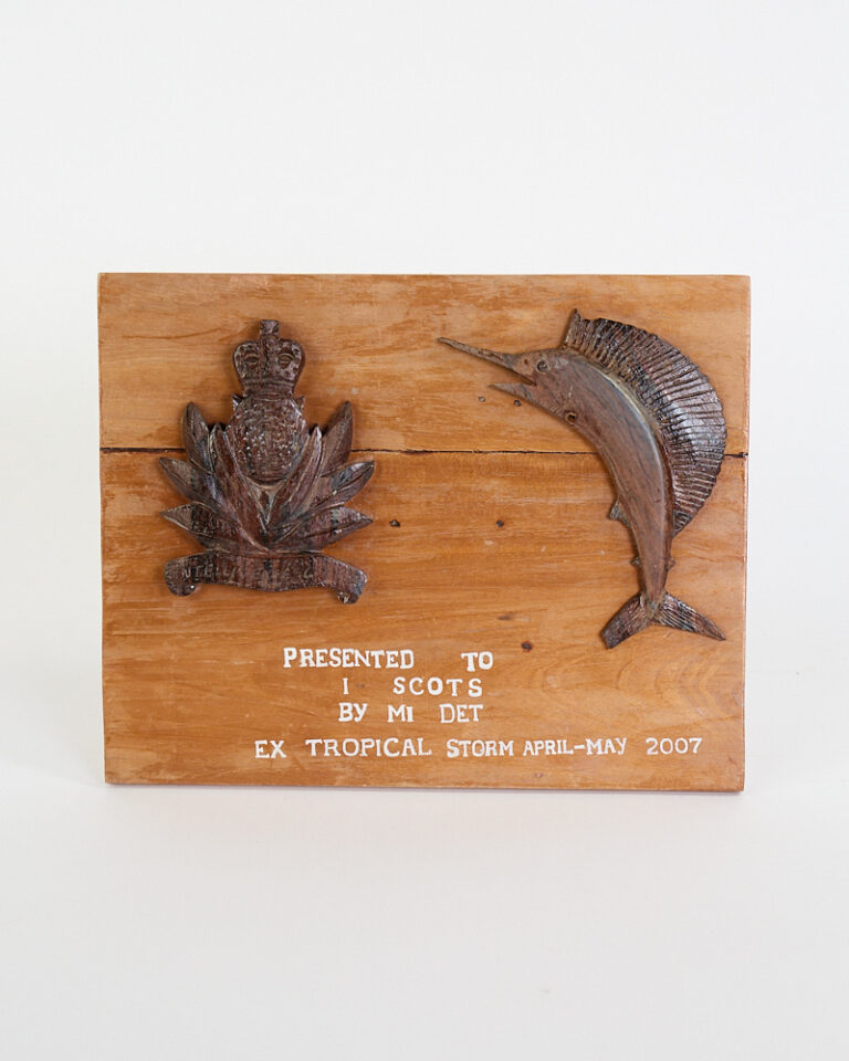 Commemorative Military Wood Plaque with Carved Marlin & Insignia