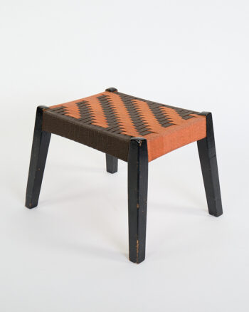 Vintage Black Wood Footstool with Orange & Brown Woven Top