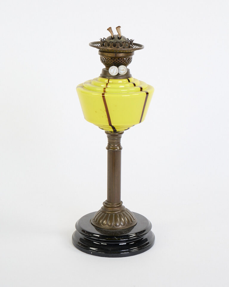 Victorian Brass & Yellow Glass Oil Lamp with Marble Base