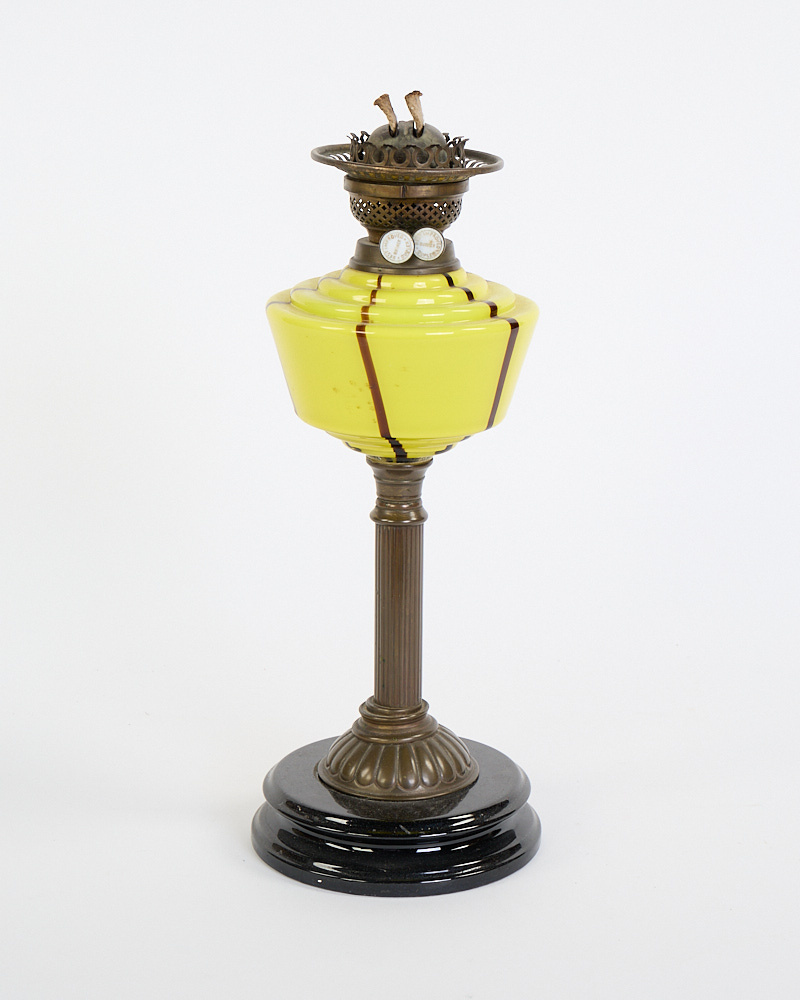 Victorian Brass & Yellow Glass Oil Lamp with Marble Base