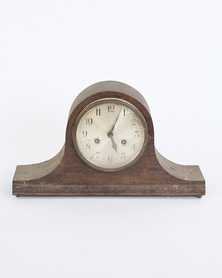 Antique Wooden Mantel Clock with Arched Top and Silvered Dial