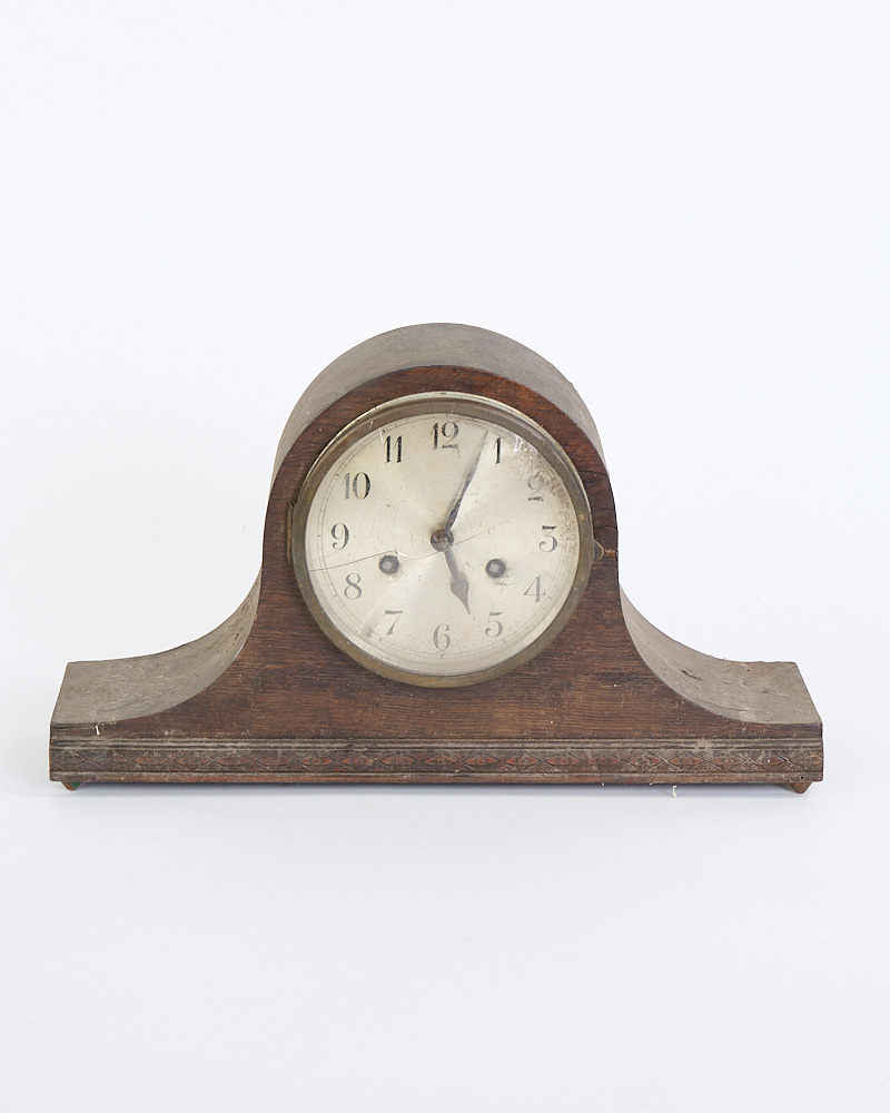 Antique Wooden Mantel Clock with Arched Top and Silvered Dial