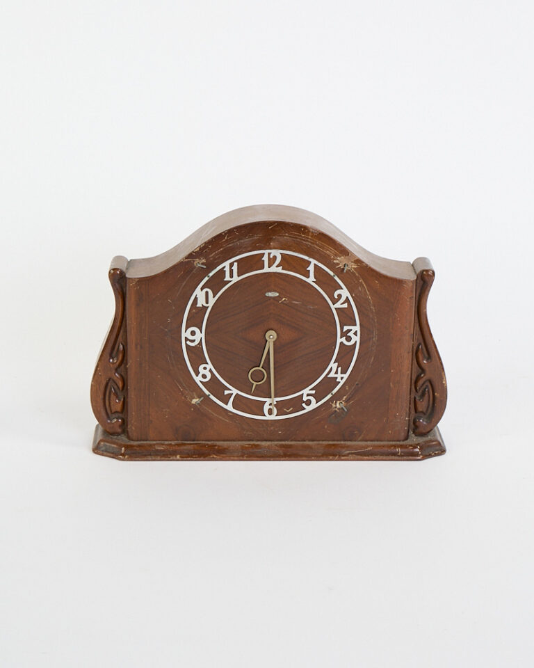 Vintage Wooden Mantle Clock with Carved Scroll Details