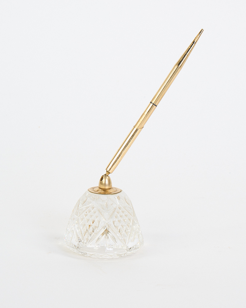 Mid Century Cut Crystal Desk Pen Holder with Gold Tone Brass Pen