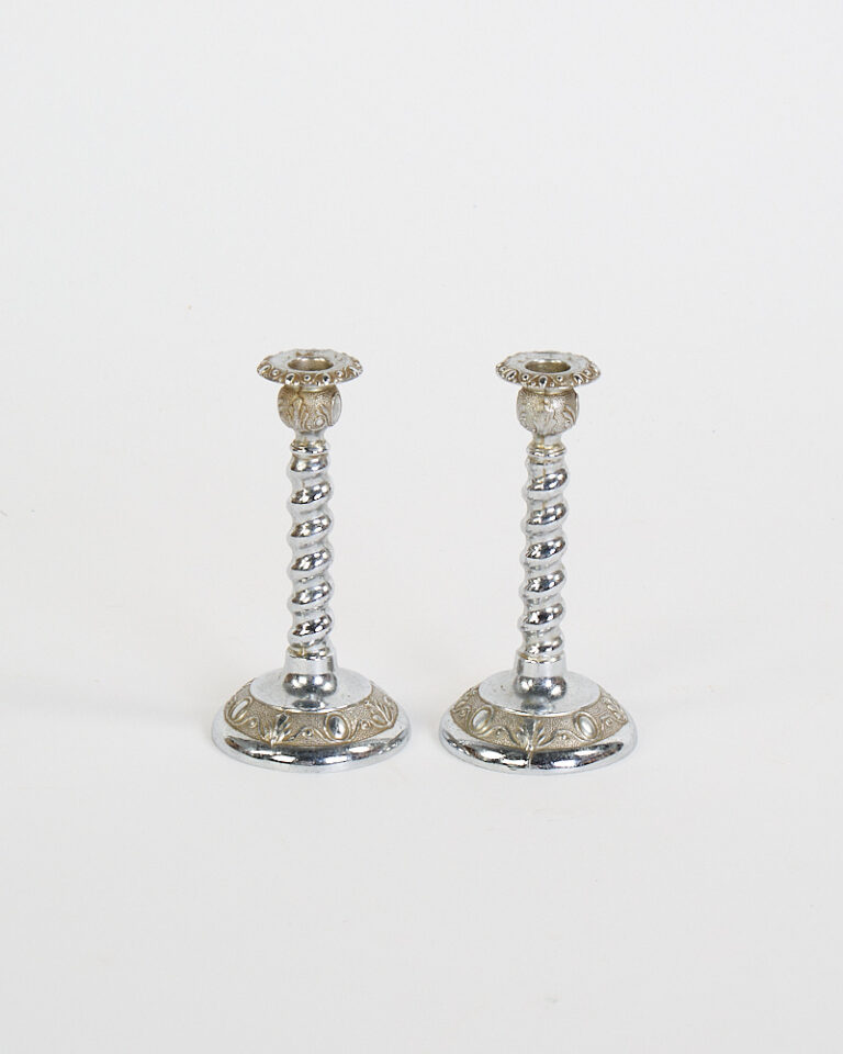 Retro Silver Metal Candlestick Pair with Twisted Column