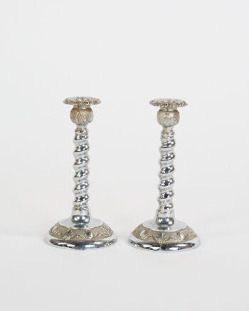 Retro Silver Metal Candlestick Pair with Twisted Column
