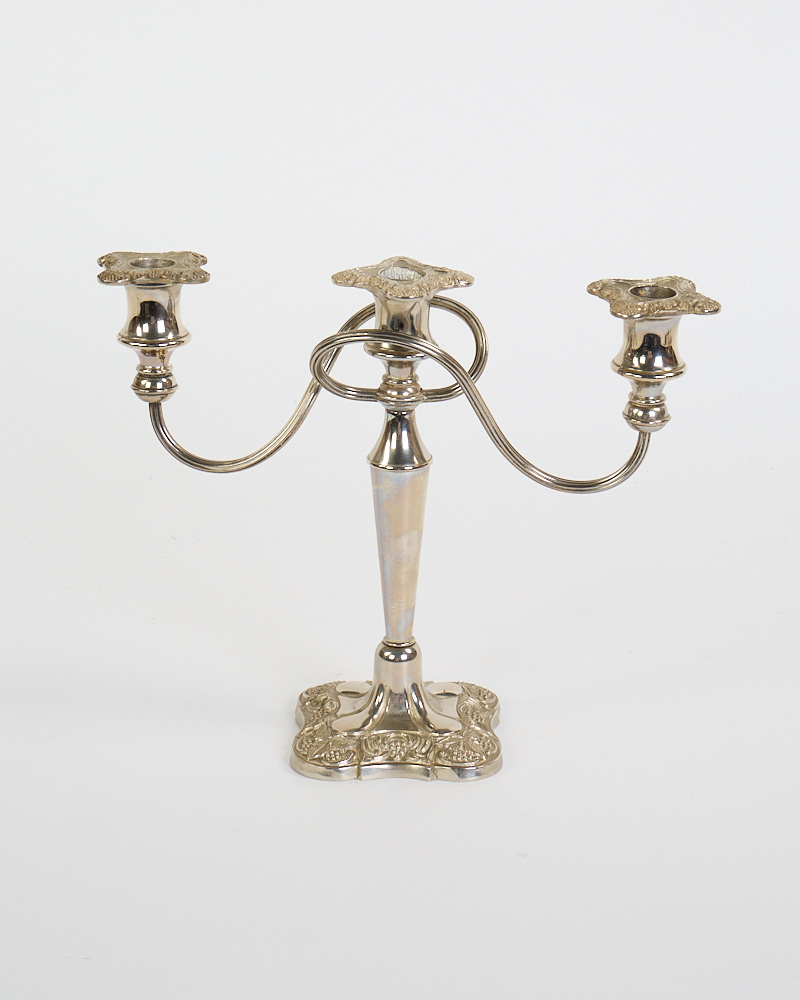 Vintage Silver Plated Three-Arm Candelabra with Ornate Base