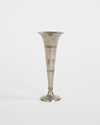 Vintage Silver-Toned Metal Trumpet Vase with Etched Bands