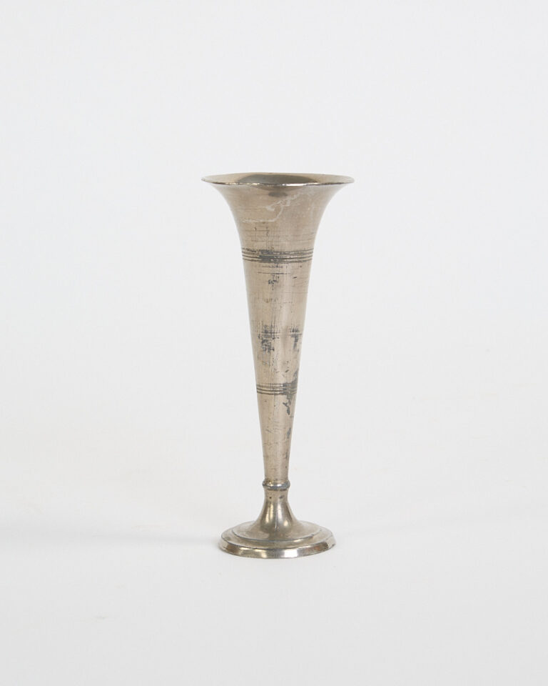 Vintage Silver-Toned Metal Trumpet Vase with Etched Bands