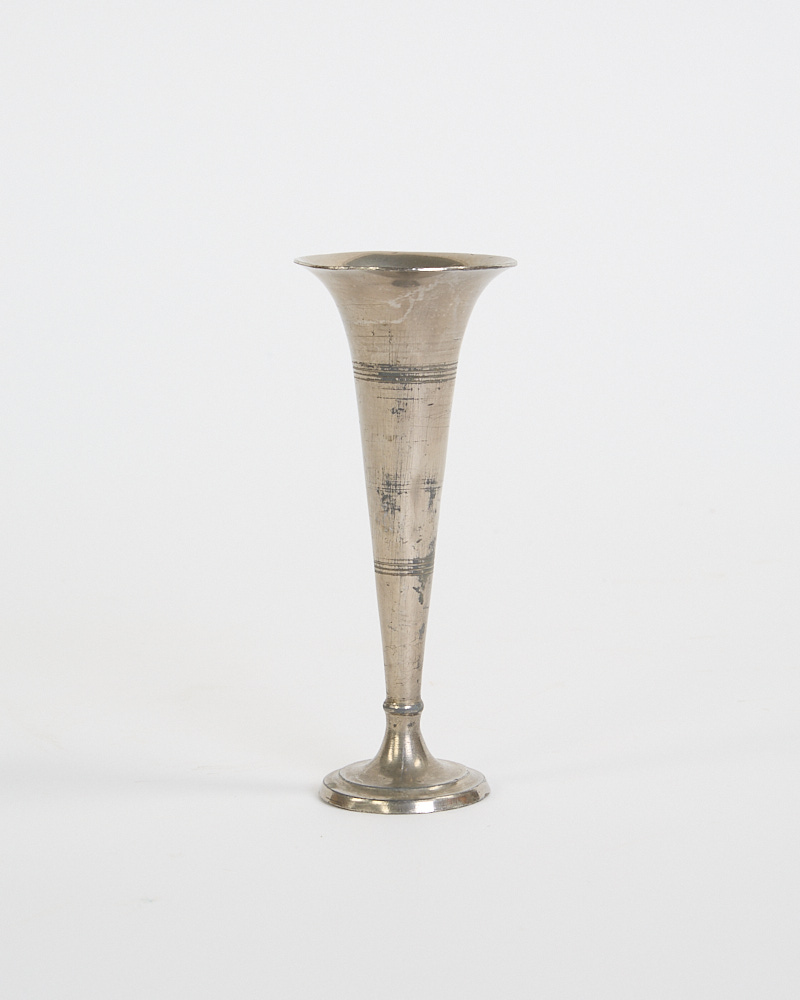 Vintage Silver-Toned Metal Trumpet Vase with Etched Bands