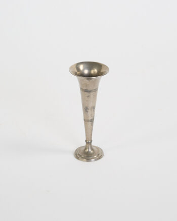 Vintage Silver-Toned Metal Trumpet Vase with Etched Bands