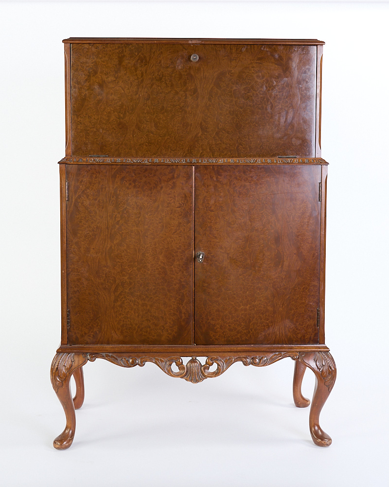 Vintage Burr Walnut Cocktail Cabinet with Carved Legs