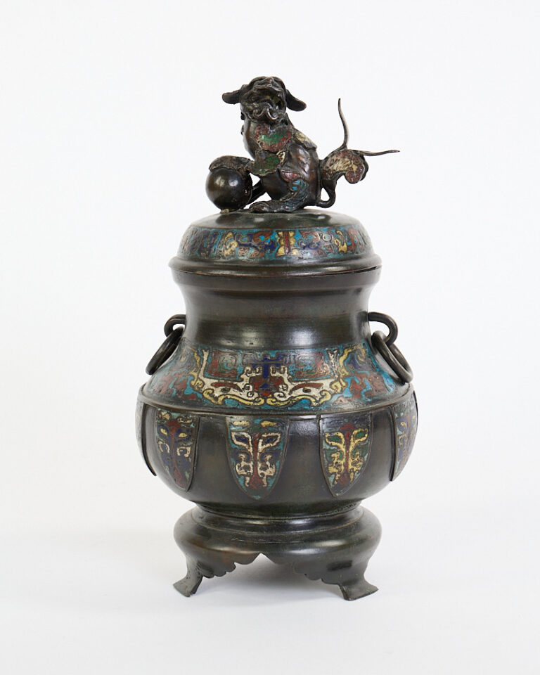 Antique Oriental Cloisonné Urn with Foo Dog Finial