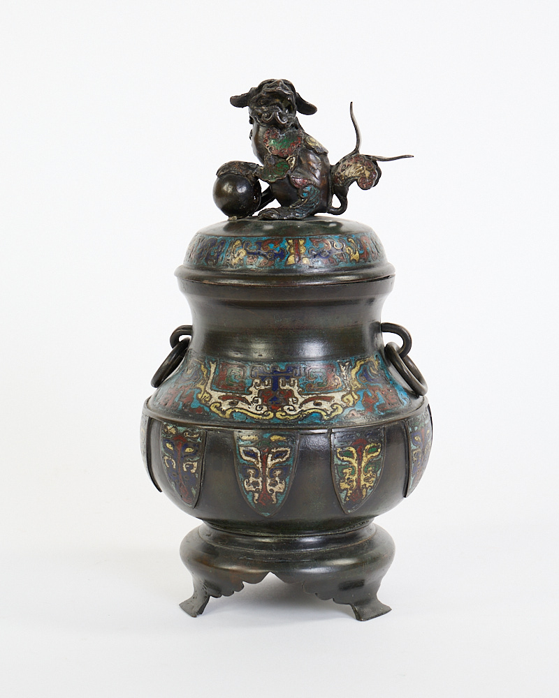 Antique Oriental Cloisonné Urn with Foo Dog Finial