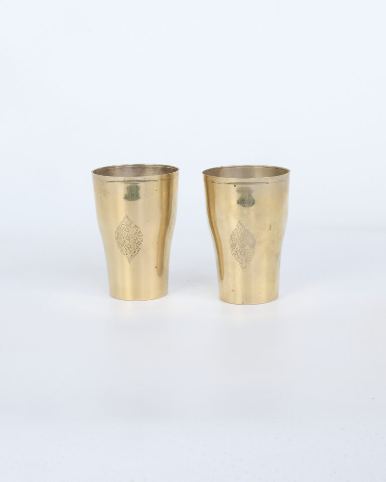 Vintage Brass Tumblers with Intricate Oriental Engraved Motif