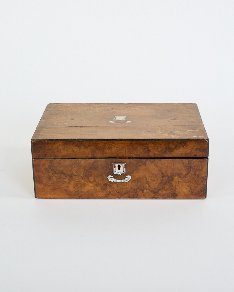 Victorian Burr Wood Box with Mother of Pearl Inlay & Green Felt