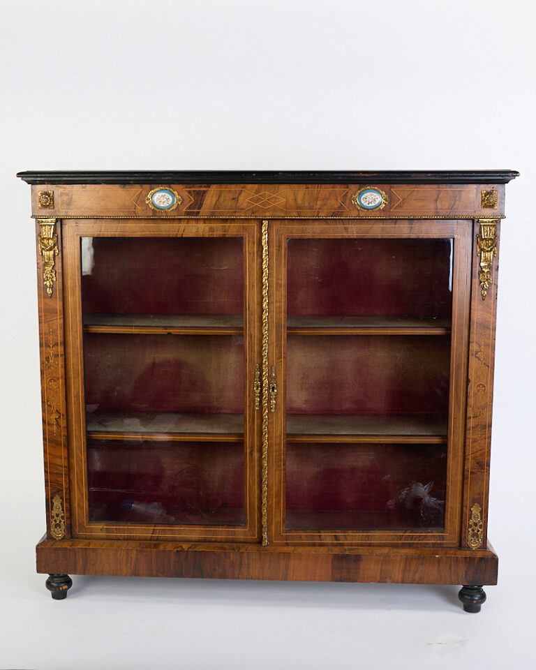 Victorian Inlaid Wood Display Cabinet with Gilt Brass Mounts