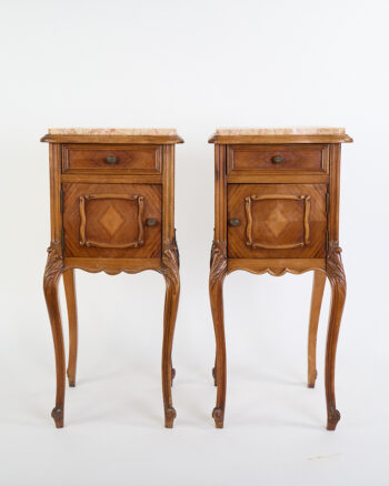 Antique French Rococo Revival Wood Bedside Cabinets with Marble Tops