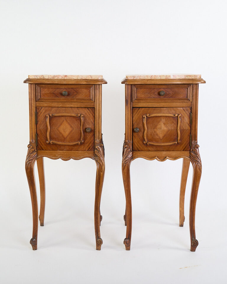 Antique French Rococo Revival Wood Bedside Cabinets with Marble Tops