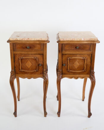 Antique French Rococo Revival Wood Bedside Cabinets with Marble Tops