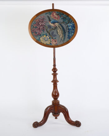 Victorian Wooden Pole Screen with Needlepoint Peacock & Florals