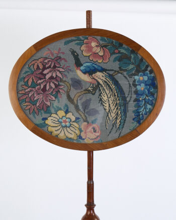 Victorian Wooden Pole Screen with Needlepoint Peacock & Florals