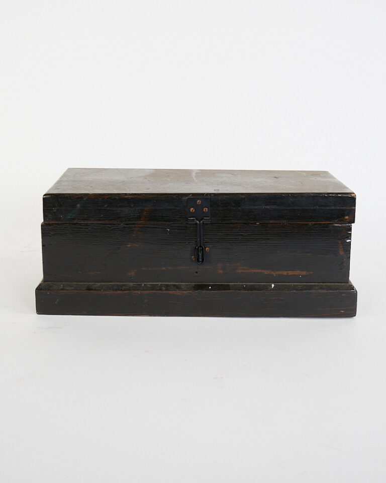 Vintage Black Painted Wooden Storage Box with Metal Hardware